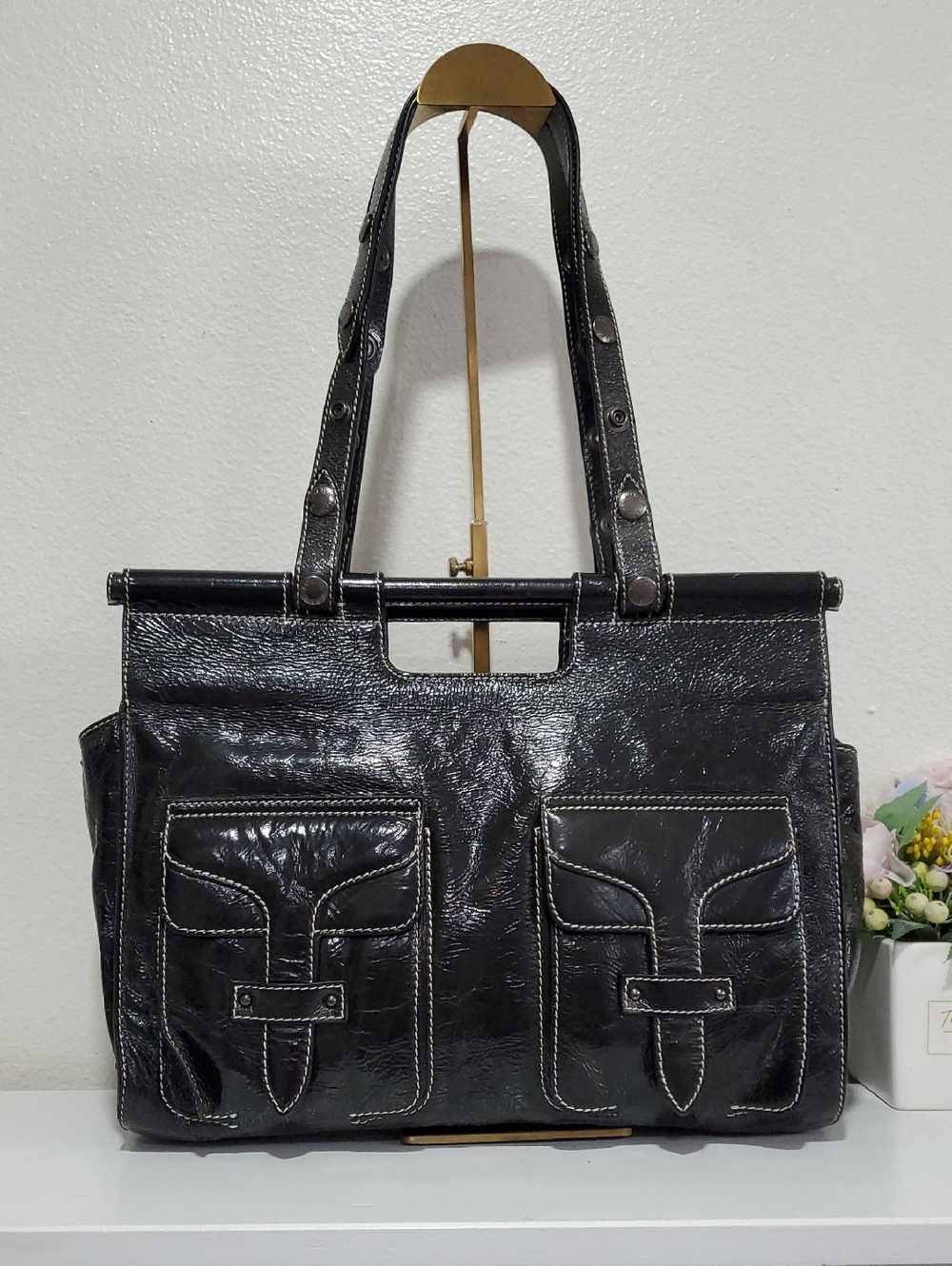 RARE Loewe Lollipop Textured Black Patent Leather Large ShoulderBag🖤🤍